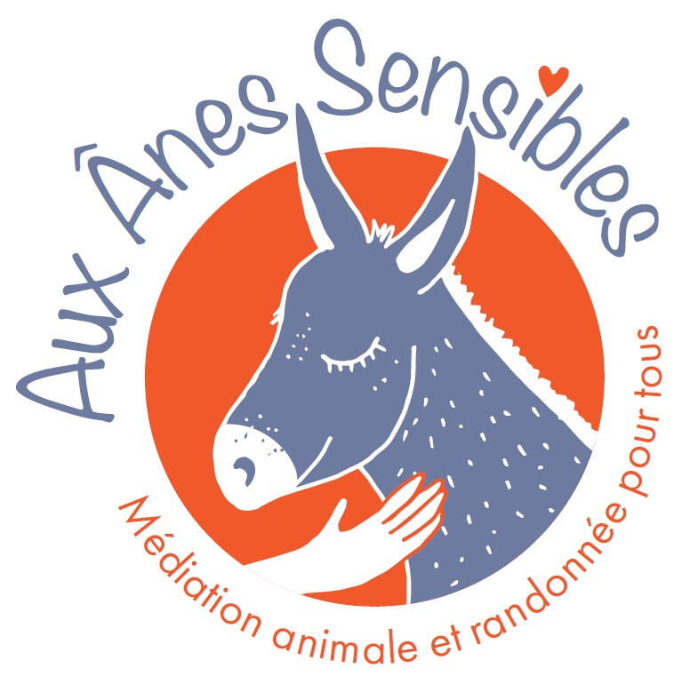 Le logo complet de "Aux Ânes Sensibles" La tête d'un âne gris-bleu est dessiné dans un rond orange avec une main humaine sur son encolure. Le nom de l'asinerie est écrit en gris-bleu en arrondi au dessus du rond orange. Le point du i du mot sensibles est un cœur orange. Le texte "Médiation anima