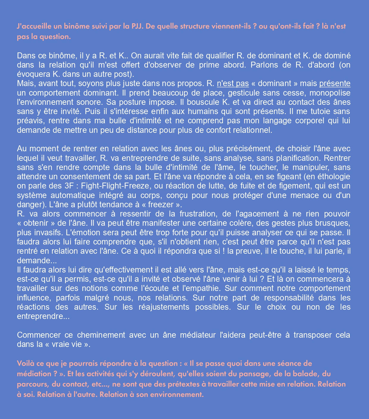Séance de R. Texte sur fond bleu décrivant la séance de R.