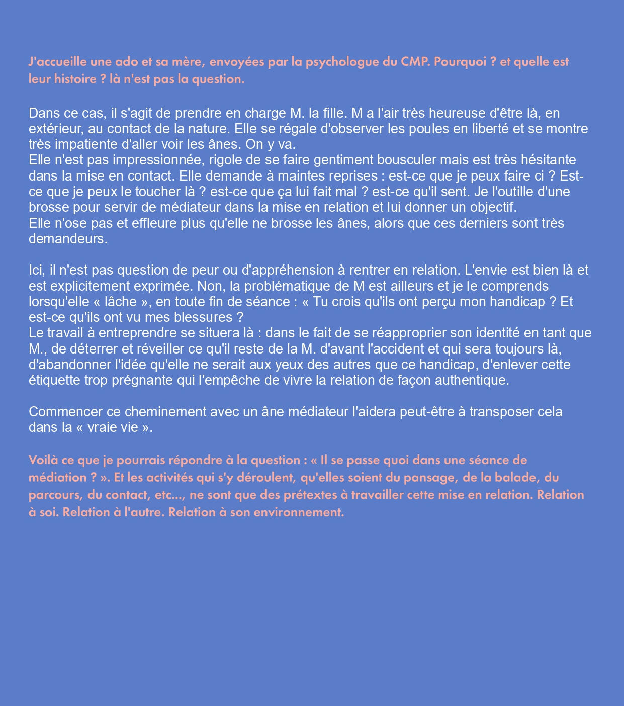 Séance de M. Texte sur fond bleu décrivant la séance de M.