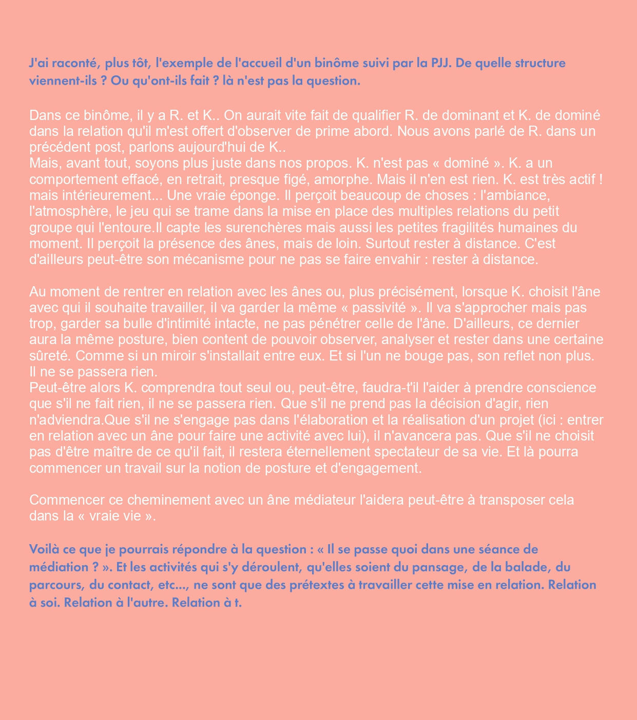 Séance de K. Texte sur fond rose décrivant la séance de R.