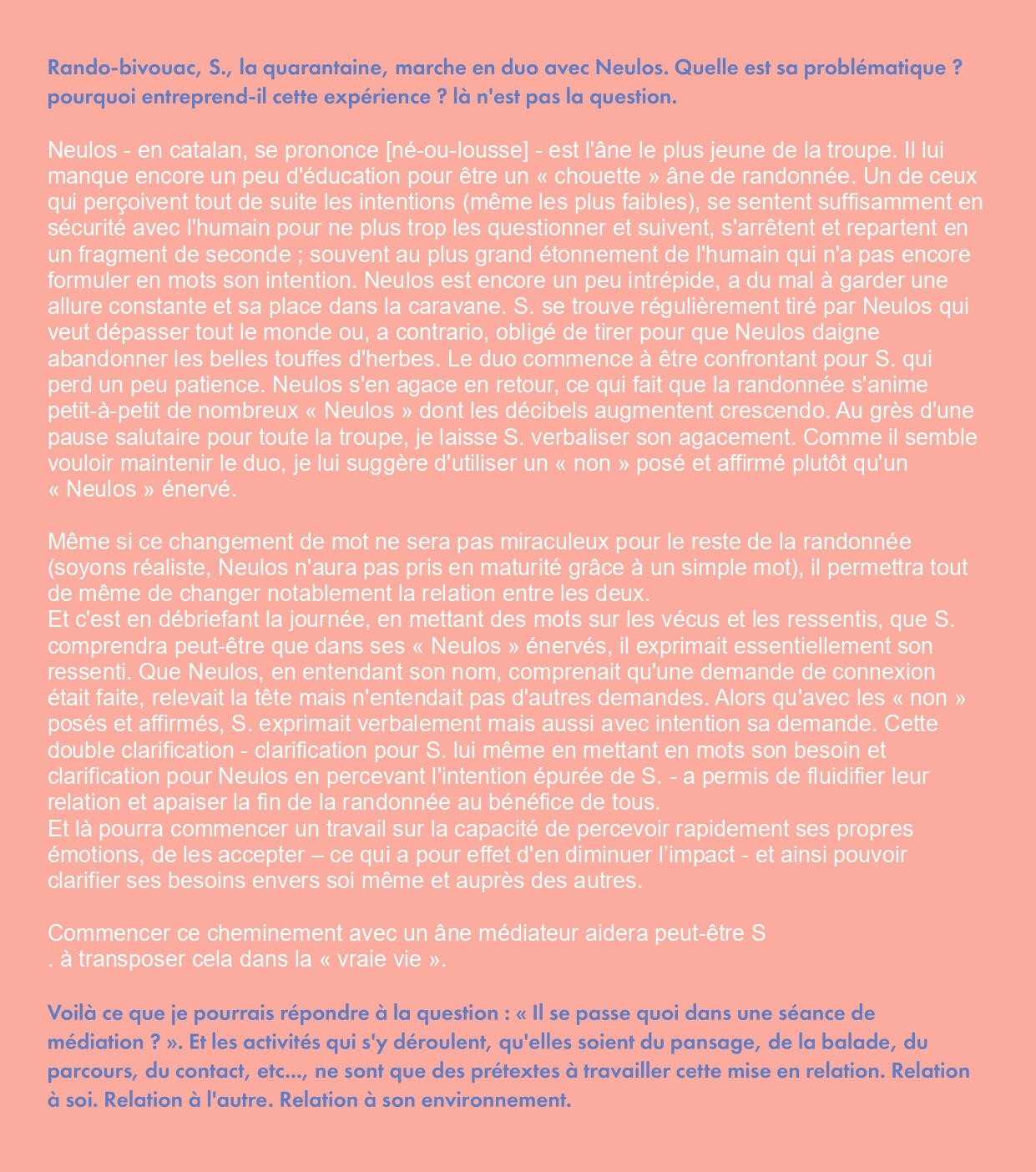 Séance de S. Texte sur fond rose décrivant la séance de S.